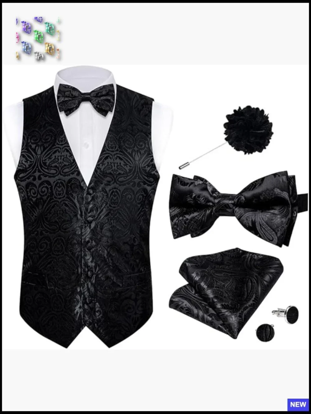 Silk Slim Fit V-Neck Vest Elegant Paisley Wedding Formal Tuxedo Set